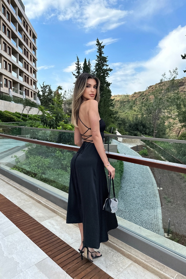 Siyah Sırt Detay Derin Yırtmaçlı Elbise ATE6581 - 5