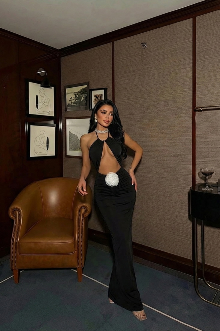 Siyah Kalika Gül Detay Elbise ATE-1517 - EYYO