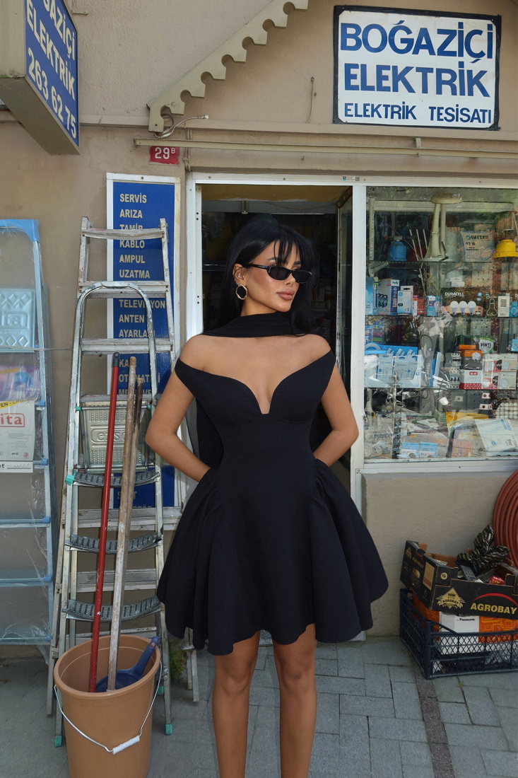 Siyah Sırt Detay Mini Elbise ATE-2720 - EYYO