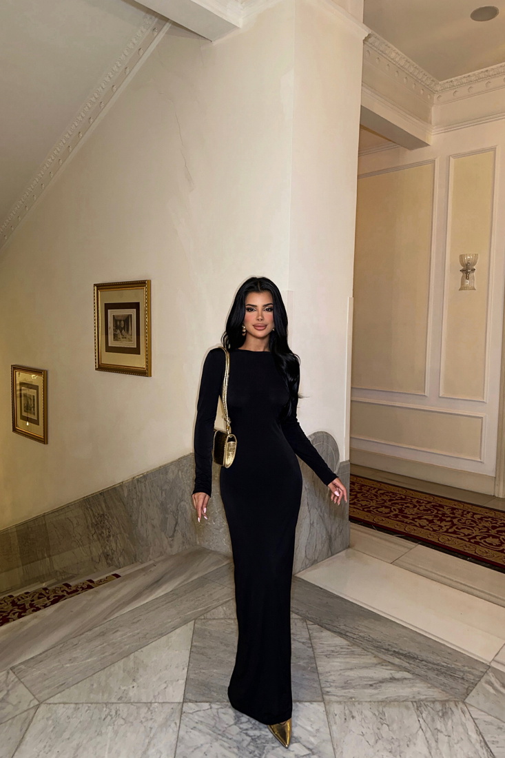 Siyah Sırt Detay Uzun Elbise ATE-0199 - EYYO