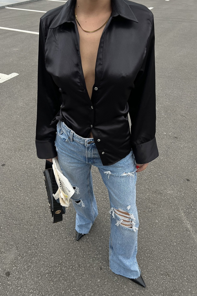 Siyah Sırtı Bağlamalı Gömlek ATE3656 - 2