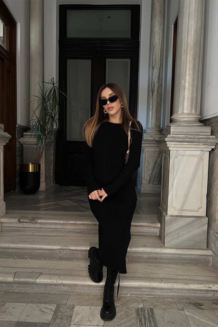 Siyah Sırtı Bağlamalı Uzun Elbise ATE3949 - EYYO