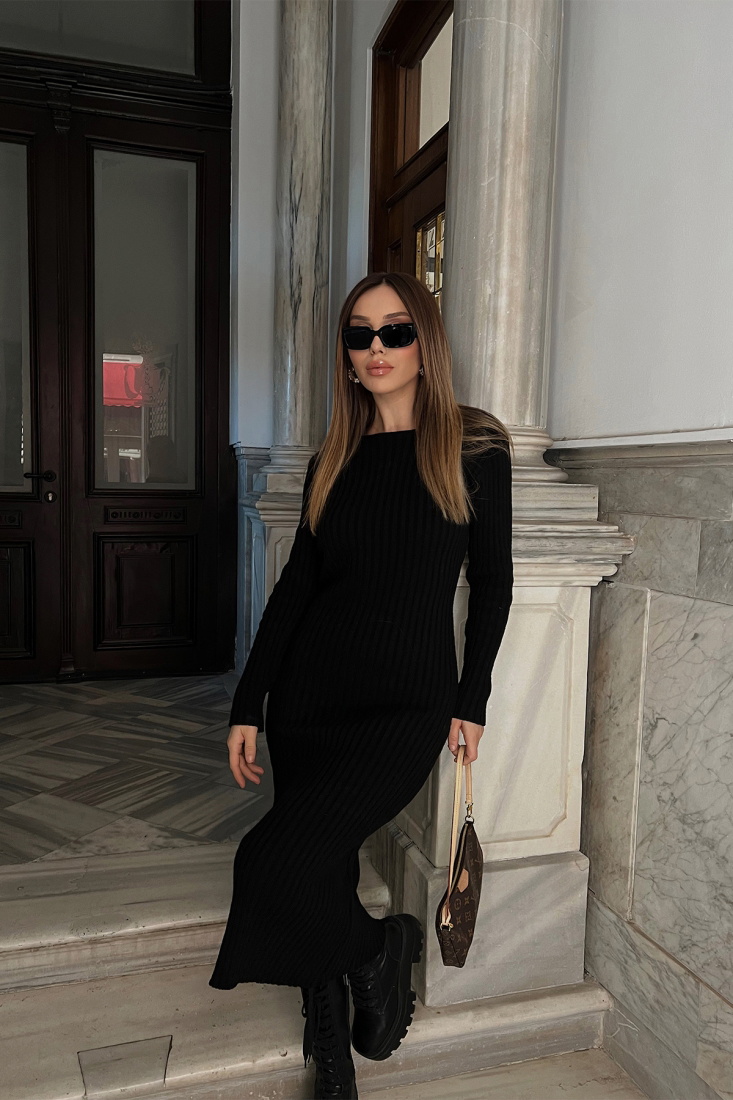 Siyah Sırtı Bağlamalı Uzun Elbise ATE3949 - EYYO