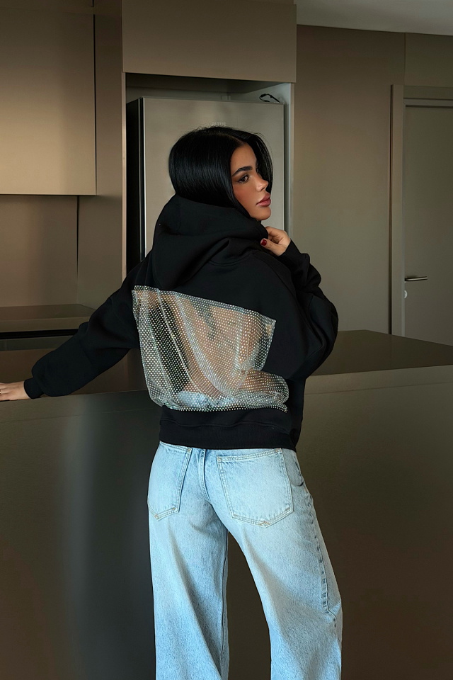 Siyah Lowell taşlı sweatshirt ATE-4514 - 1