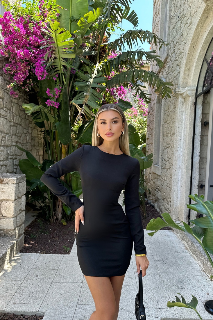 Siyah Sırtı Taş Detay Mini Elbise ATE7636 - EYYO