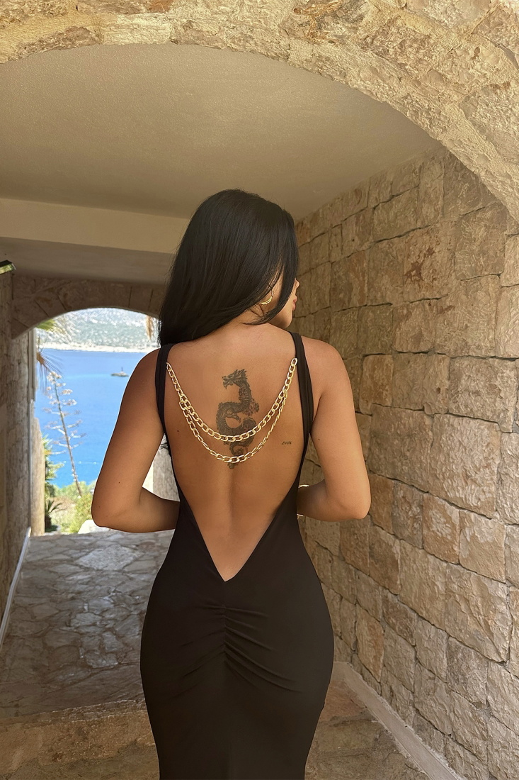 Siyah Sırtı Zincir Detay Uzun Elbise ATE7697 - EYYO