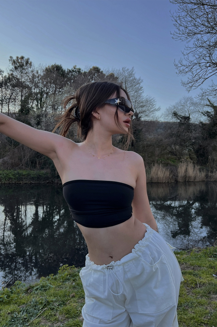 Siyah Straplez Crop Top ATE4622 - gecce