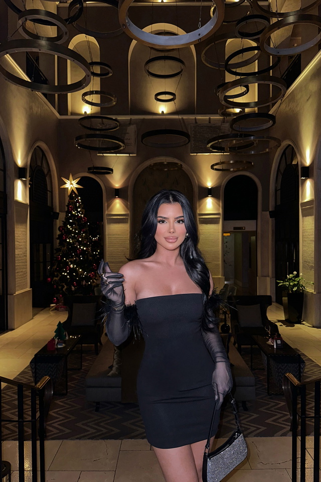 Siyah Tüylü Eldivenli Elbise ATE-0715 - 4