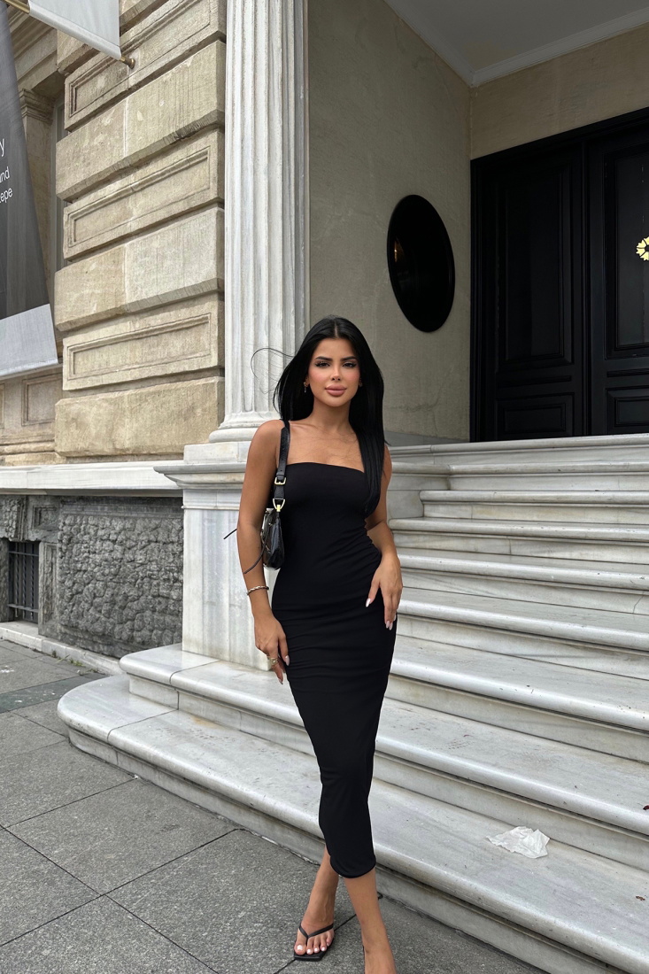 Siyah Straplez Uzun Elbise ATE8005 - EYYO