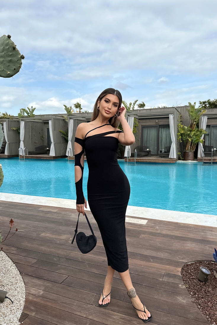 Siyah Pencere Detay Uzun Elbise ATE6141 - EYYO