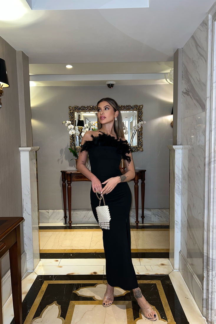 Siyah Straplez Tüy Detay Elbise ATE4660 - EYYO