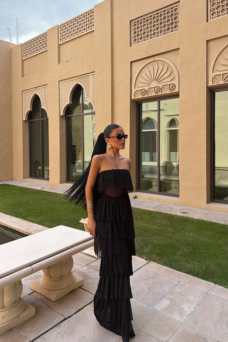 Siyah Saroja Uzun Kat Kat Tül Elbise ATE-3530 - EYYO