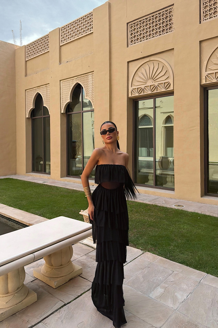 Siyah Saroja Uzun Kat Kat Tül Elbise ATE-3530 - EYYO