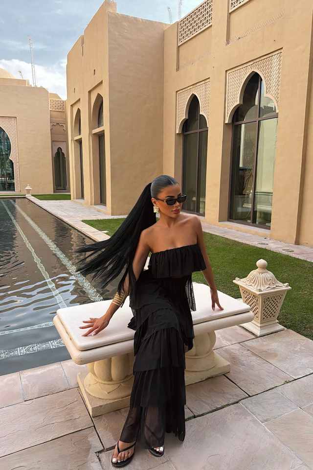 Siyah Saroja Uzun Kat Kat Tül Elbise ATE-3530 - 3