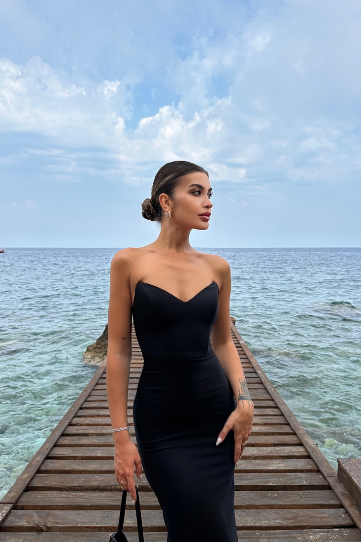 Siyah Straplez Uzun Elbise ATE7192 - EYYO