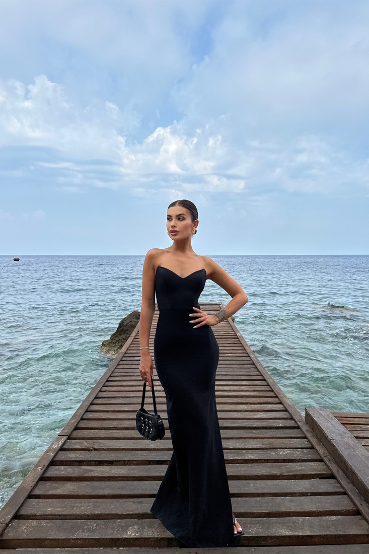 Siyah Straplez Uzun Elbise ATE7192 - EYYO