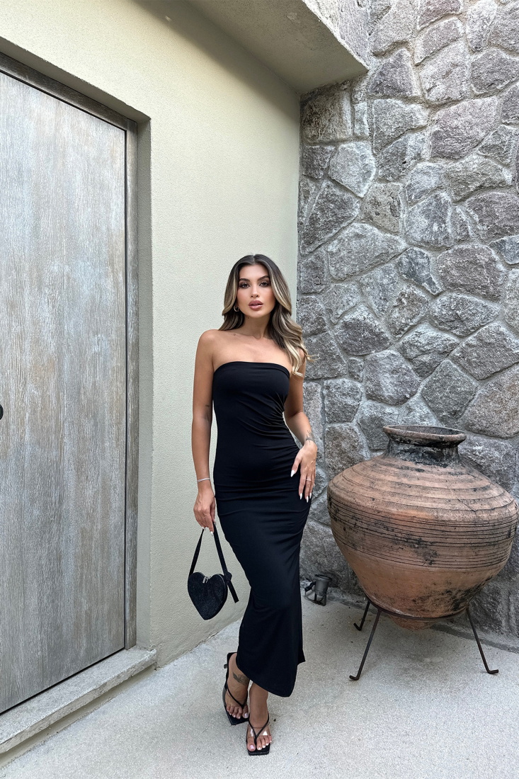 Siyah Straplez Uzun Elbise ATE7393 - EYYO