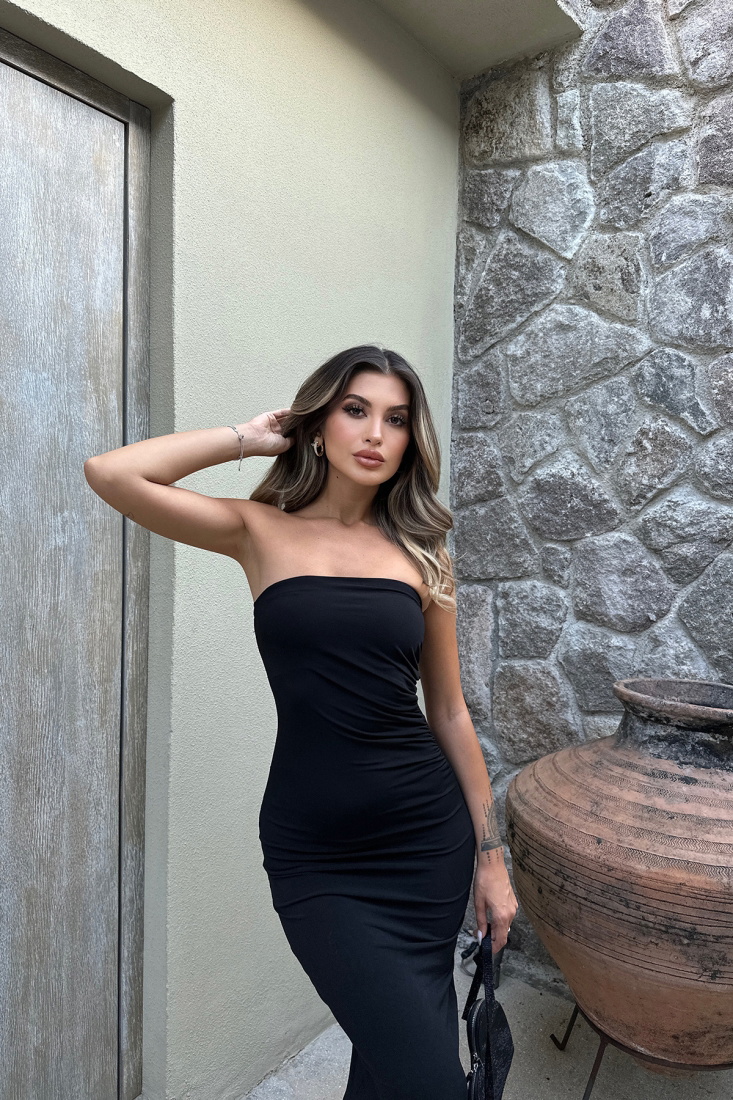 Siyah Straplez Uzun Elbise ATE7393 - EYYO