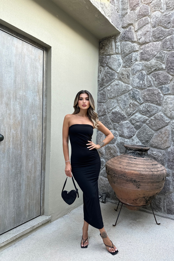 Siyah Straplez Uzun Elbise ATE7393 - EYYO