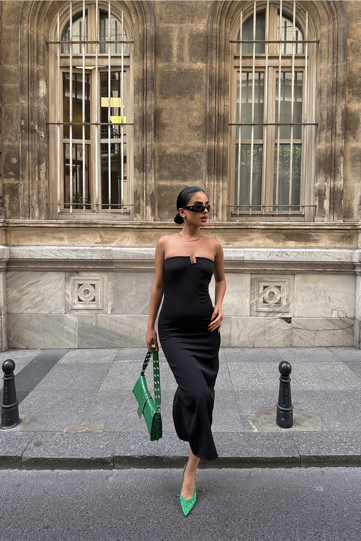 Siyah Straplez Uzun Elbise ATE7416 - EYYO