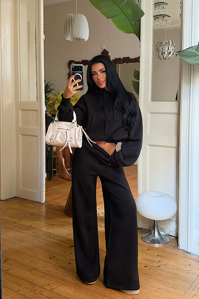 Siyah Sweat Detay Pantolonlu Takım -