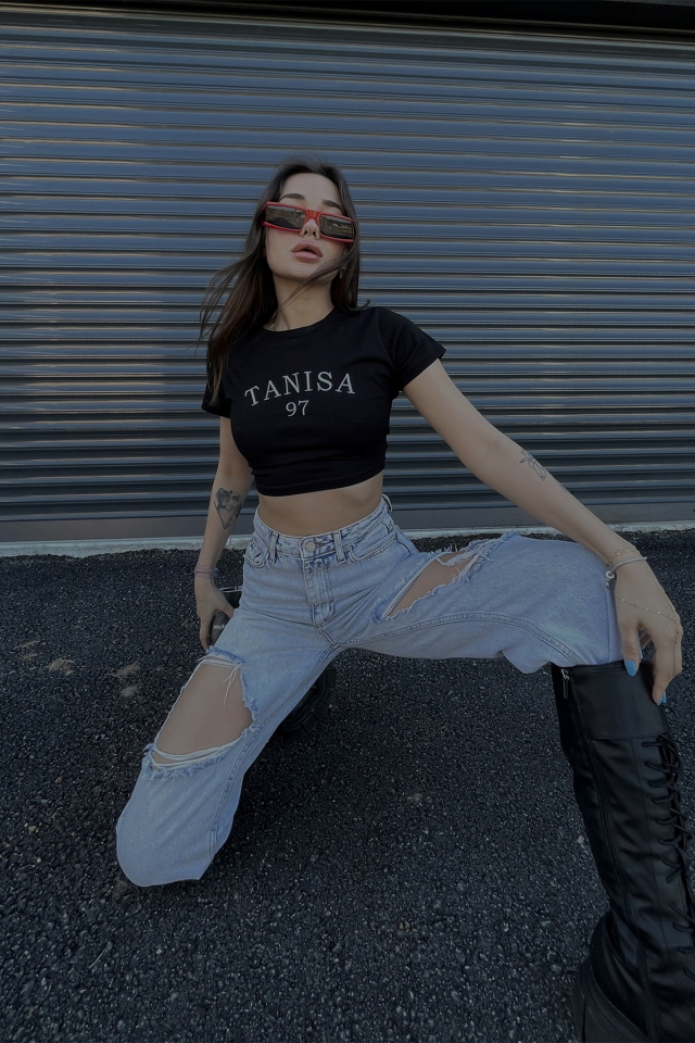 Siyah Tanisa Yazılı Crop Top ATE4627 - 7