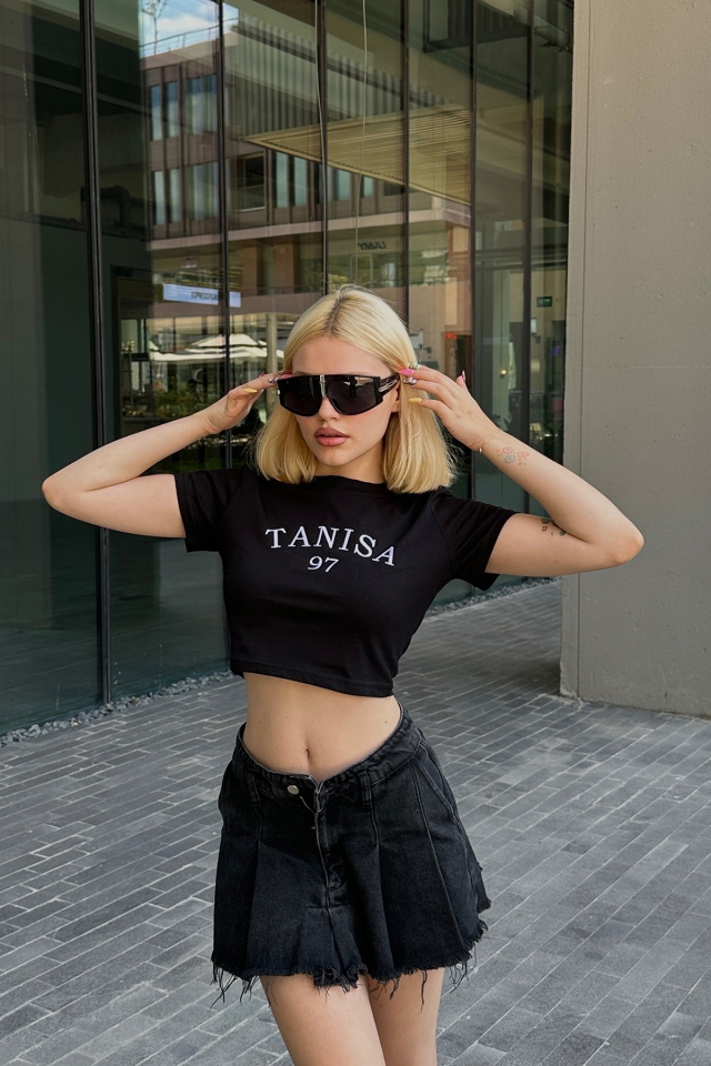 Siyah Tanisa Yazılı Crop Top ATE4627 - 3