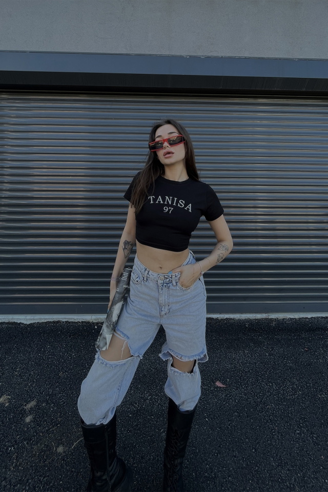 Siyah Tanisa Yazılı Crop Top ATE4627 - 6