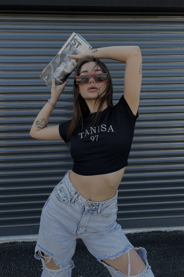 Siyah Tanisa Yazılı Crop Top ATE4627 - 10