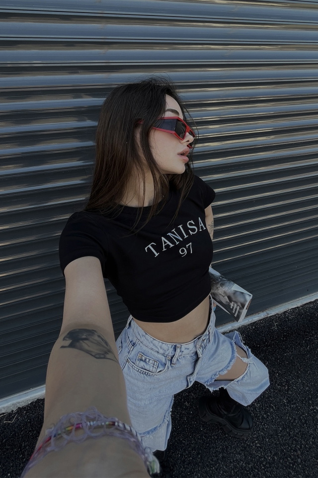 Siyah Tanisa Yazılı Crop Top ATE4627 - 9