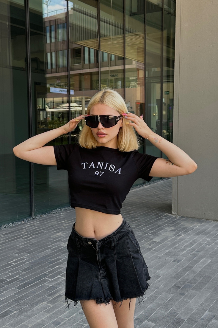 Siyah Tanisa Yazılı Crop Top ATE4627 - EYYO ATELIER