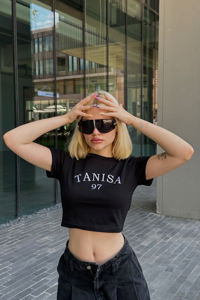 Siyah Tanisa Yazılı Crop Top ATE4627 - 5