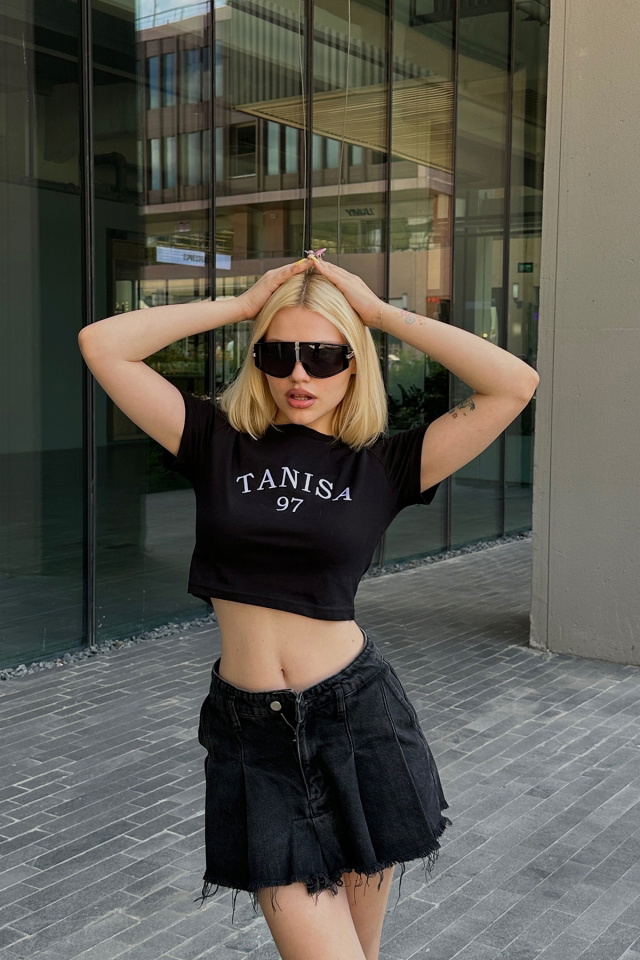 Siyah Tanisa Yazılı Crop Top ATE4627 - 4