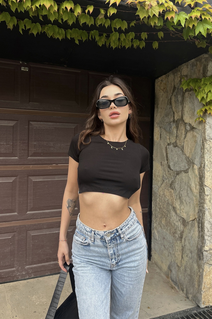 Siyah Taş Detay Crop Top ATE6708 - KARABAY