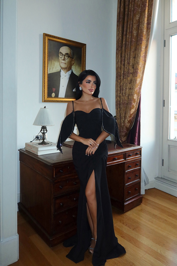 Siyah Aella Uzun Yırtmaçlı Abiye ATE-3417 - EYYO