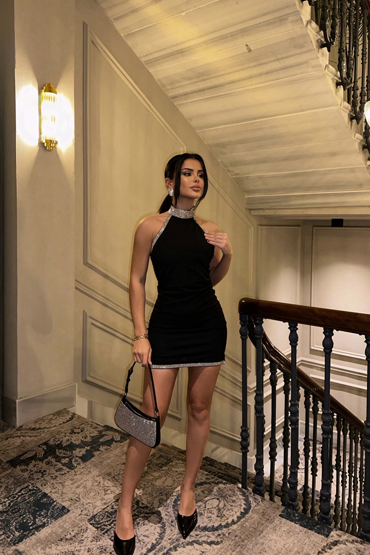 Siyah Taş Detay Mini Elbise ATE-0609 - BİROL ATÖLYE