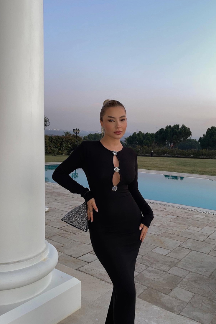 Siyah Önü Taş Detay Uzun Elbise ATE3273 - EYYO