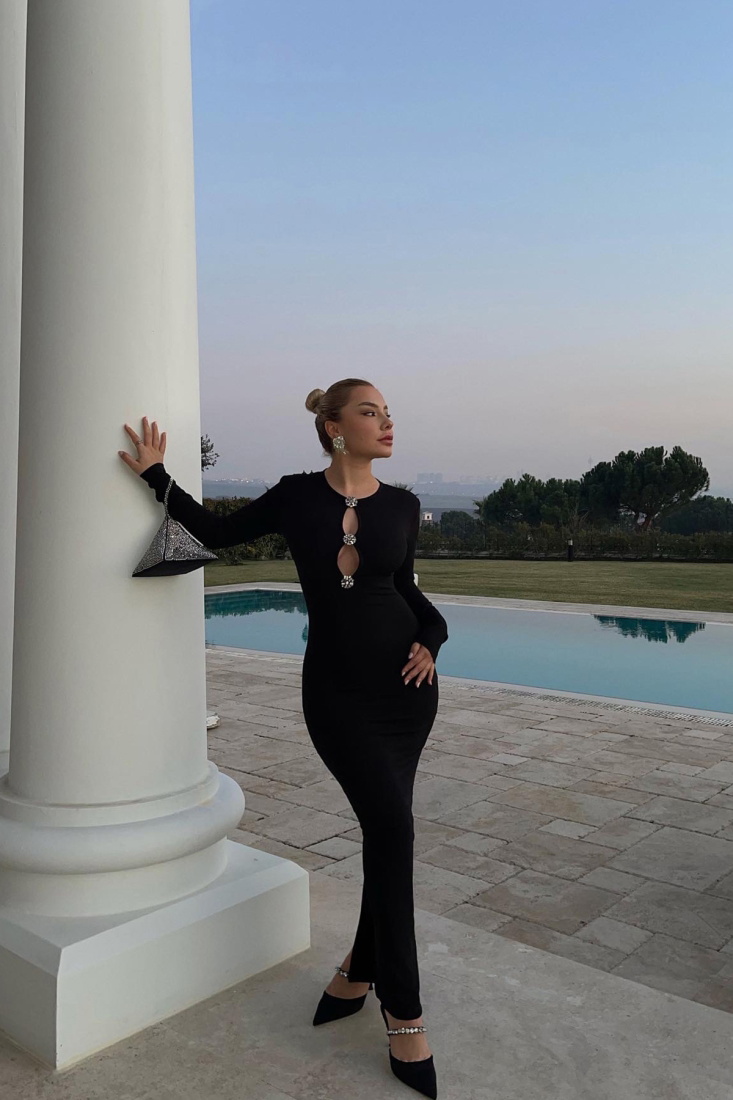 Siyah Önü Taş Detay Uzun Elbise ATE3273 - EYYO