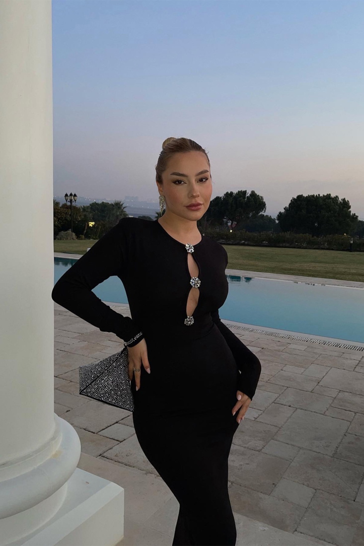 Siyah Önü Taş Detay Uzun Elbise ATE3273 - EYYO