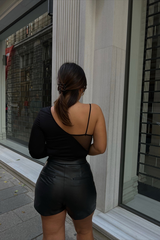  Angela Siyah Tek Kol Bodysuit ATE2668 - 8