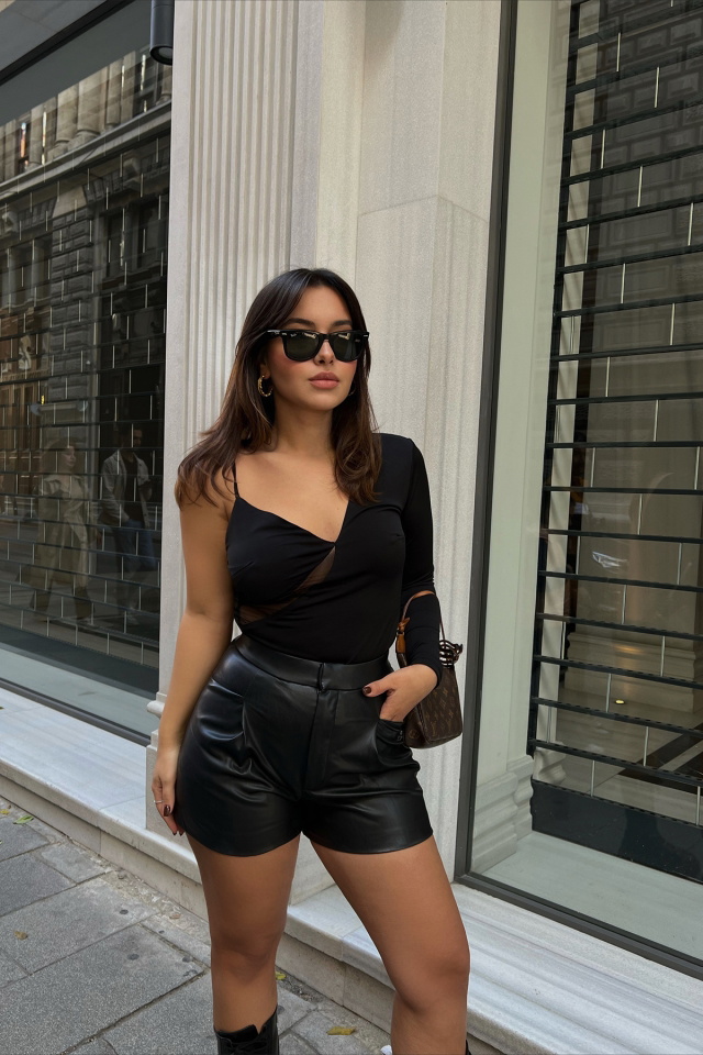  Angela Siyah Tek Kol Bodysuit ATE2668 - 6
