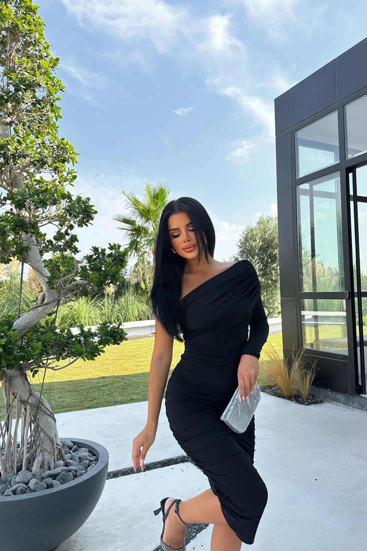 Siyah Tek Kol Midi Elbise ATE8438 - EYYO