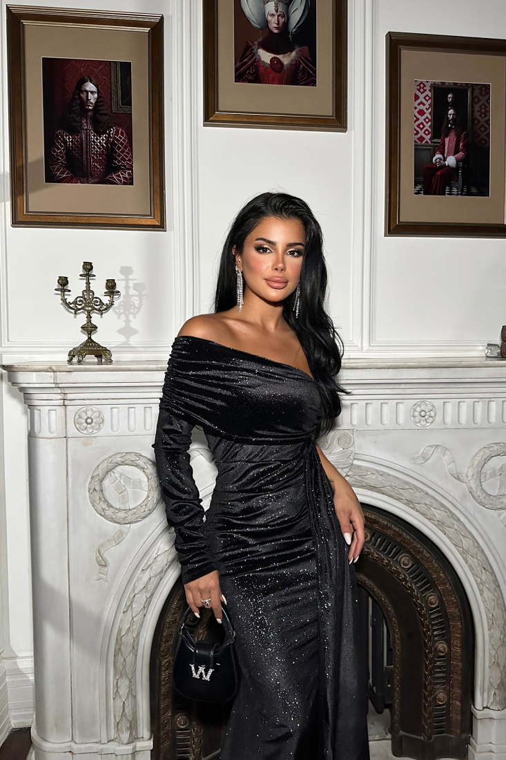 Siyah Tek Kol Uzun Elbise ATE8598 - EYYO