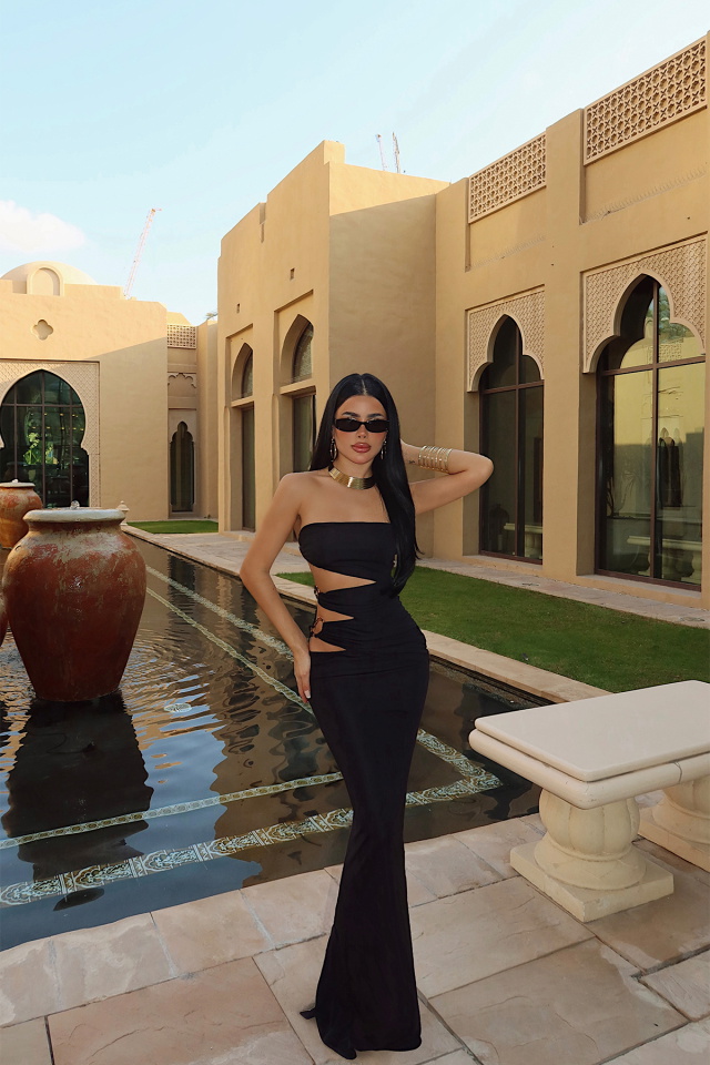 Siyah Oleander Uzun Yan Aksesuar Detaylı Elbise ATE-4696 - 1