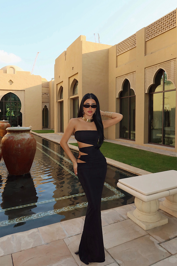 Siyah Oleander Uzun Yan Aksesuar Detaylı Elbise ATE-4696 - EYYO