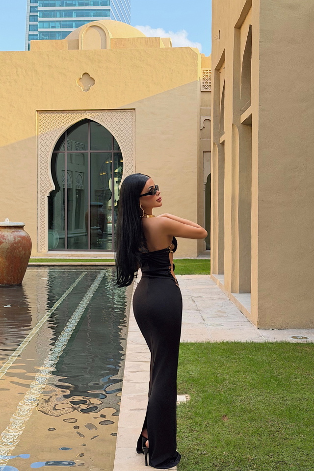 Siyah Oleander Uzun Yan Aksesuar Detaylı Elbise ATE-4696 - 5