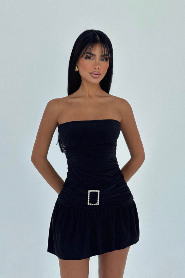 Siyah Jody Mini Taş Aksesuarlı Elbise ATE-3116 - 1