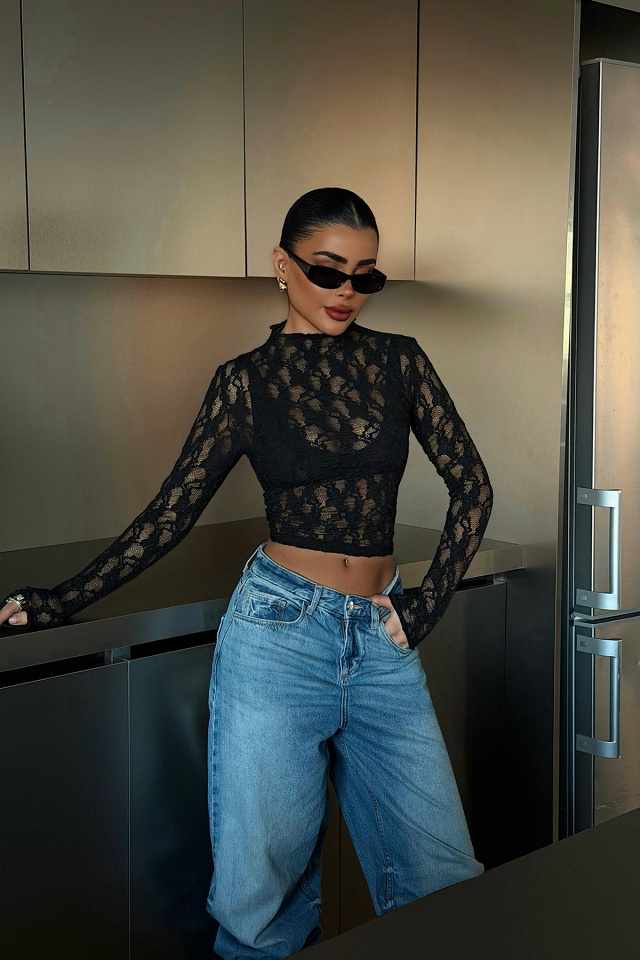 Siyah Raquel Dantel Transparan Bluz ATE-4642 - 2