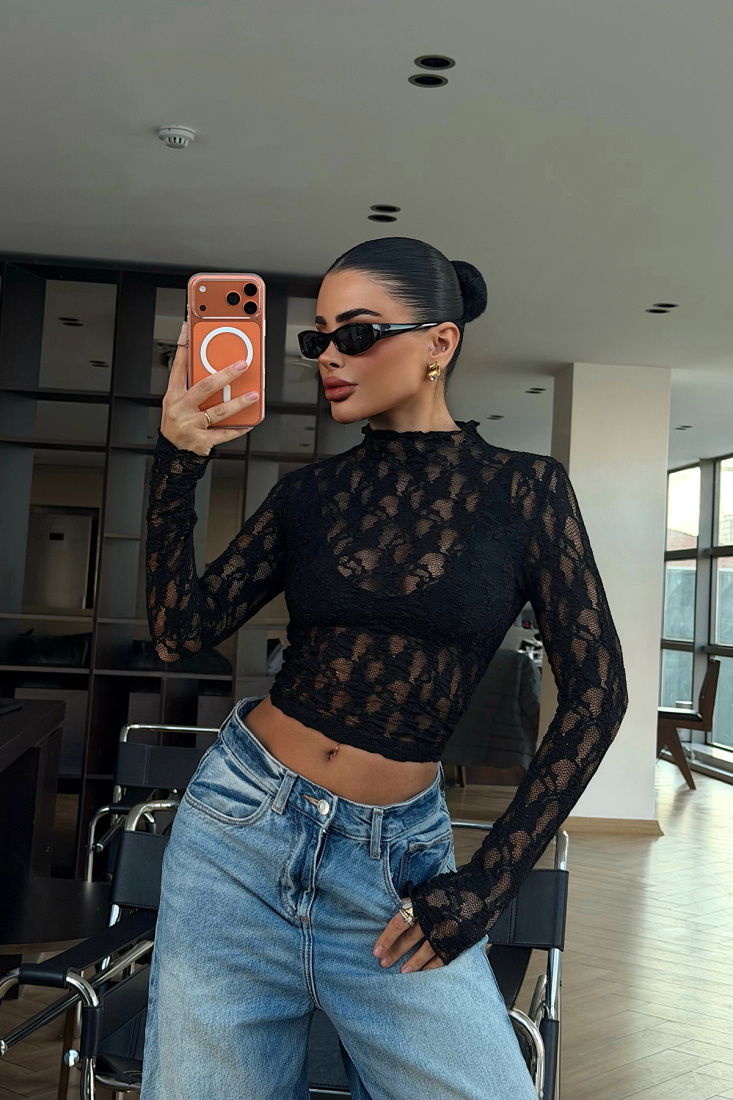 Siyah Raquel Dantel Transparan Bluz ATE-4642 - EYYO