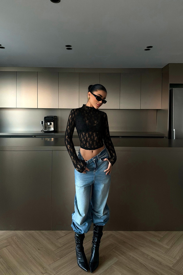 Siyah Raquel Dantel Transparan Bluz